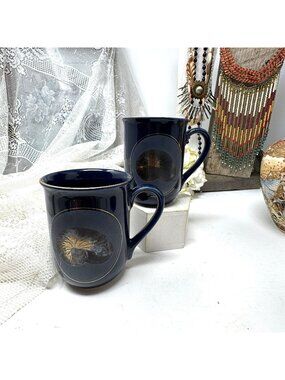 Vintage Otagiri Nautilus Navy Blue Ceramic Mugs With Gold Trim & Nautilus Shell